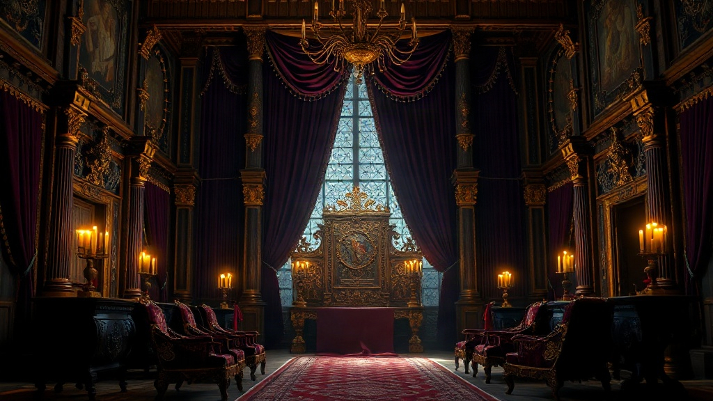 Candlelit throne room with sealed letters and velvet drapes