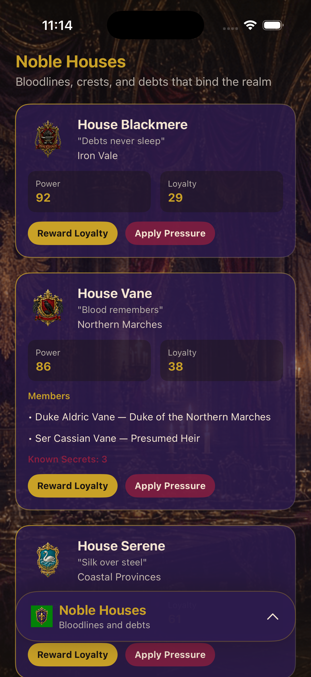 Noble Houses crests and loyalty